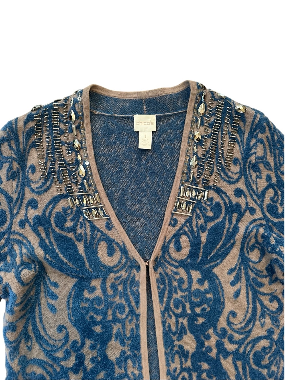 CHICO’S teal & tan cotton blend beaded long cardigan sweater size 1 (M/8) - Picture 3 of 8